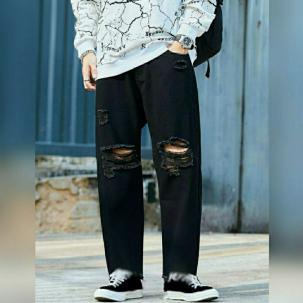 Celana Sobek Pria Ripped Jeans Longgar Denim Premium Loose Fit Standar Reguler Basic 27-38