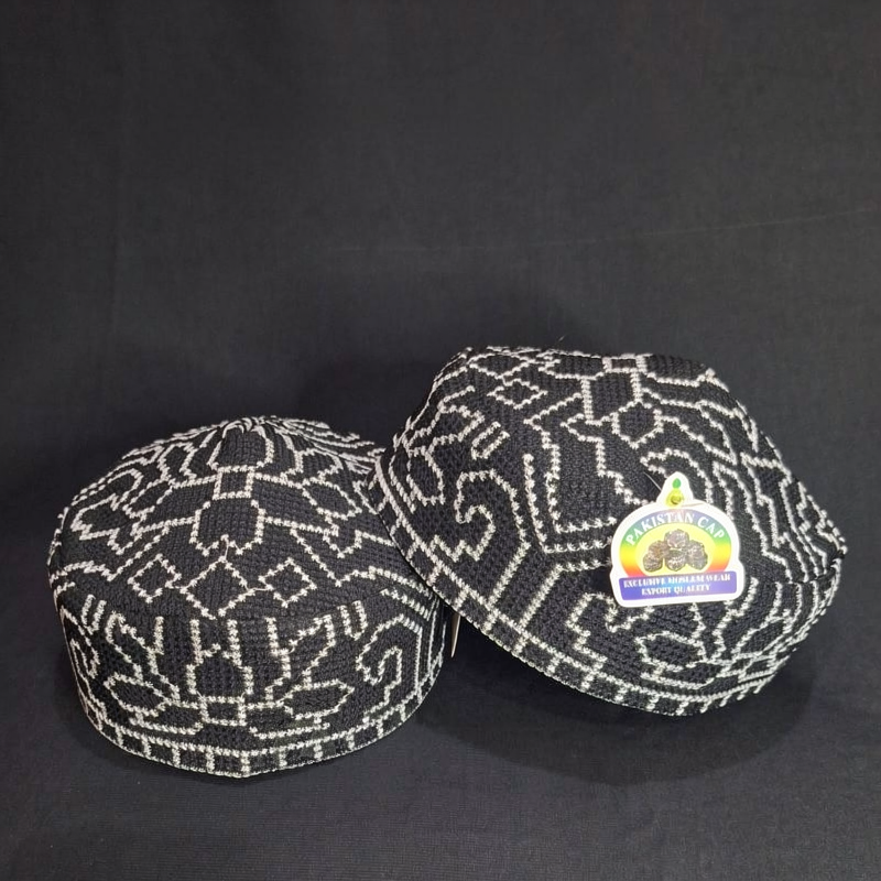 Peci Pakistan Hitam Full Bordir Premium Dewasa Motif Bunga