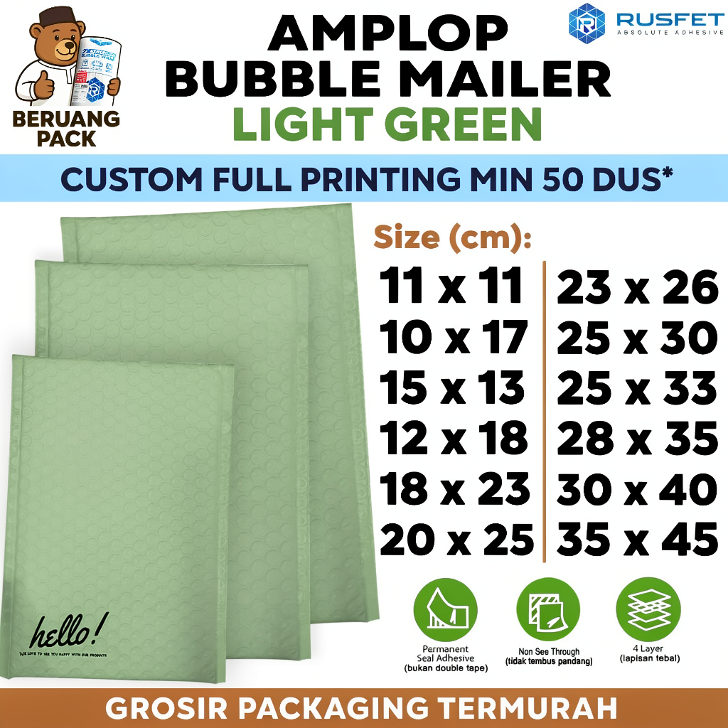 Amplop Bubble Wrap LIGHT GREEN Hijau Envelope Bubble Bag Mailer Packing Perekat Paket Murah RUSFET