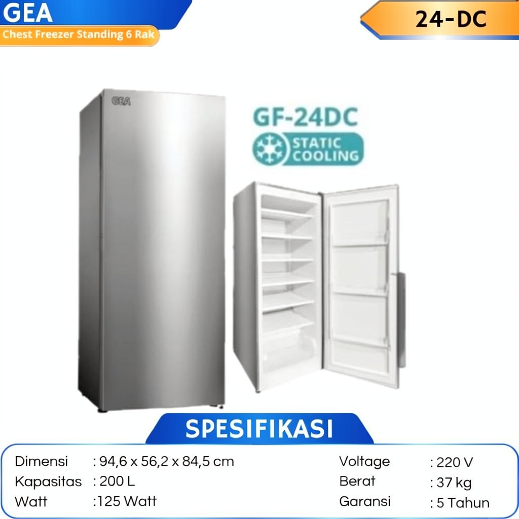 GEA Standing Freezer 200 Liter GF-24DC Inverter 6 Rak 2-in-1 Chiller No Frost