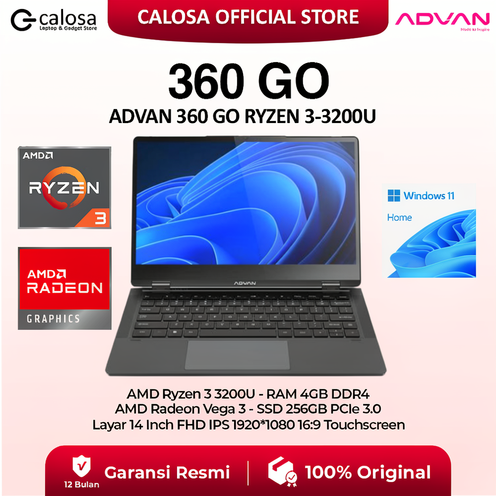 Laptop Advan 360 Go  2 In 1 2in1 Touchscreen AMD Ryzen 3-3200U 14 Inch IPS FHD RAM 4GB SSD 256GB Win