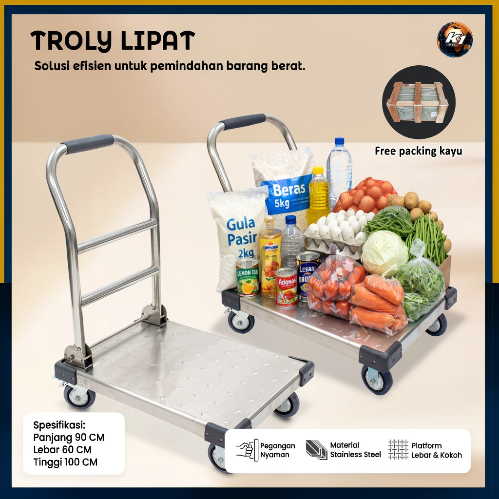 Troli Dorong Lipat Praktis Kuat, Kokoh, dan Anti Karat [ Include Packing Kayu ] MBG | Hand Truck Sta