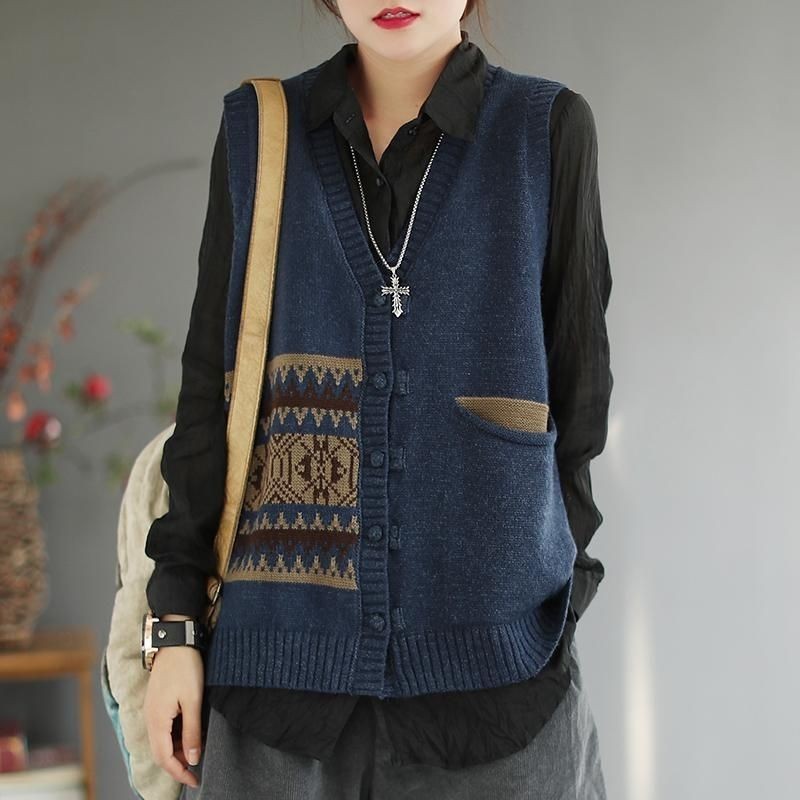 Knitted Vest Retro Loose Plus Women'S Cardigan V-Neck Knitted Vest