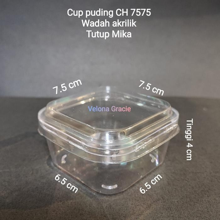 Cup Puding Jelly CH 7575 isi 50 pcs + Tutup Mika Kotak Akrilik Bening