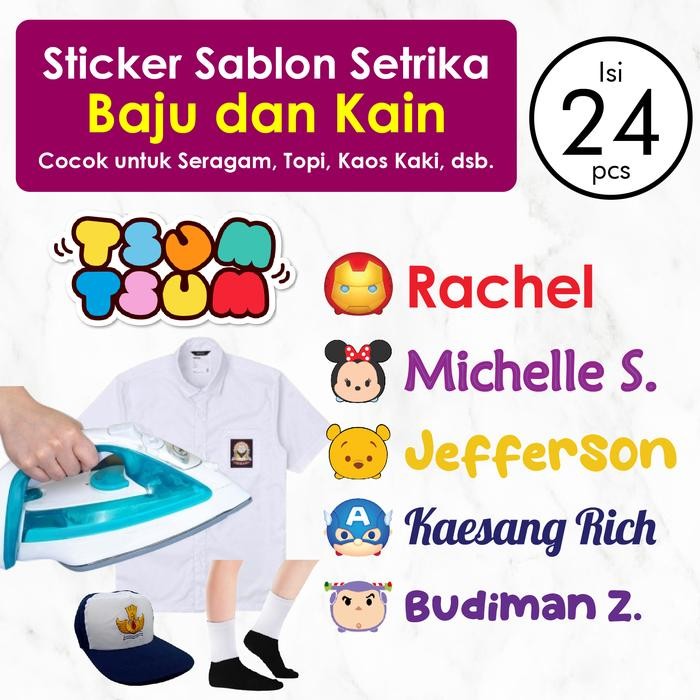 

Label Baju Cuom Nama Anak isi 24 Pcs Sablon Kain Setrika Tsum
