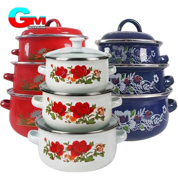 PREMIUM Panci Bunga Calypso 3 Susun / Panci Enamel Bunga Set 3pcs Kitchenware Kitchenware