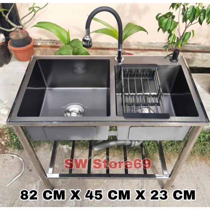 PREMIUM bak cuci piring 2 lubang hitam kitchen sink stainless black wastafel