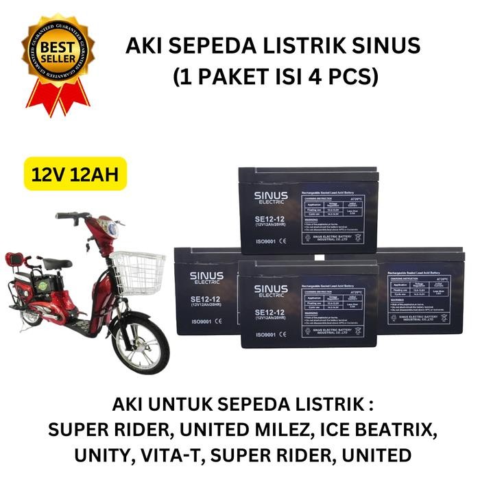 Terlaris Aki Sepeda listrik united,super rider,Mr.Jackie,Vita-t (1 Paket/4PCS) Sinus electric 12V