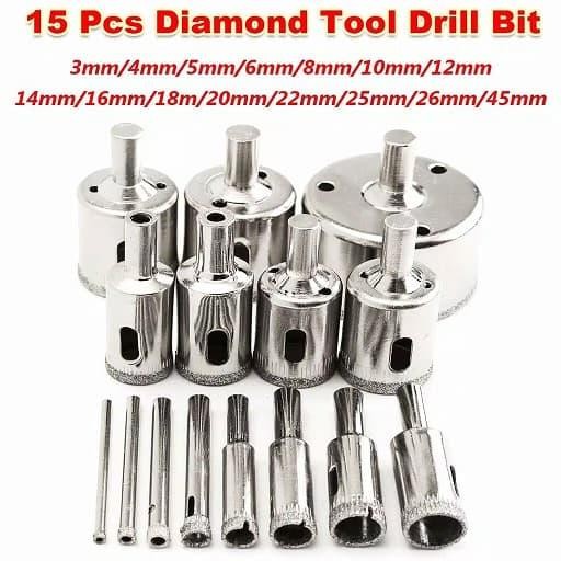Mata Bor Kaca 15 Pcs 3Mm-45Mm Bor Lubang Berlian Kaca Marmer Hole Saw