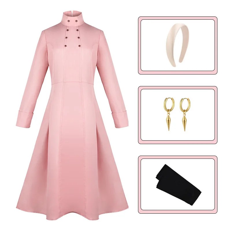 High-Quality Pink Coat Anime Spy Family Yor Forger Cosplay Killer Assassin Gothic Halter Dress