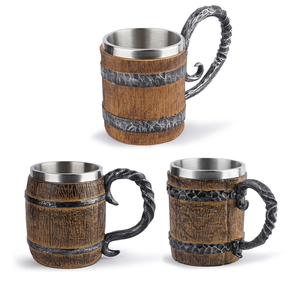 

Wooden Barrel Beer Cup Stainless Steel Coffee Mug Viking Style Vintage Beer Mug Double Wall Drinking