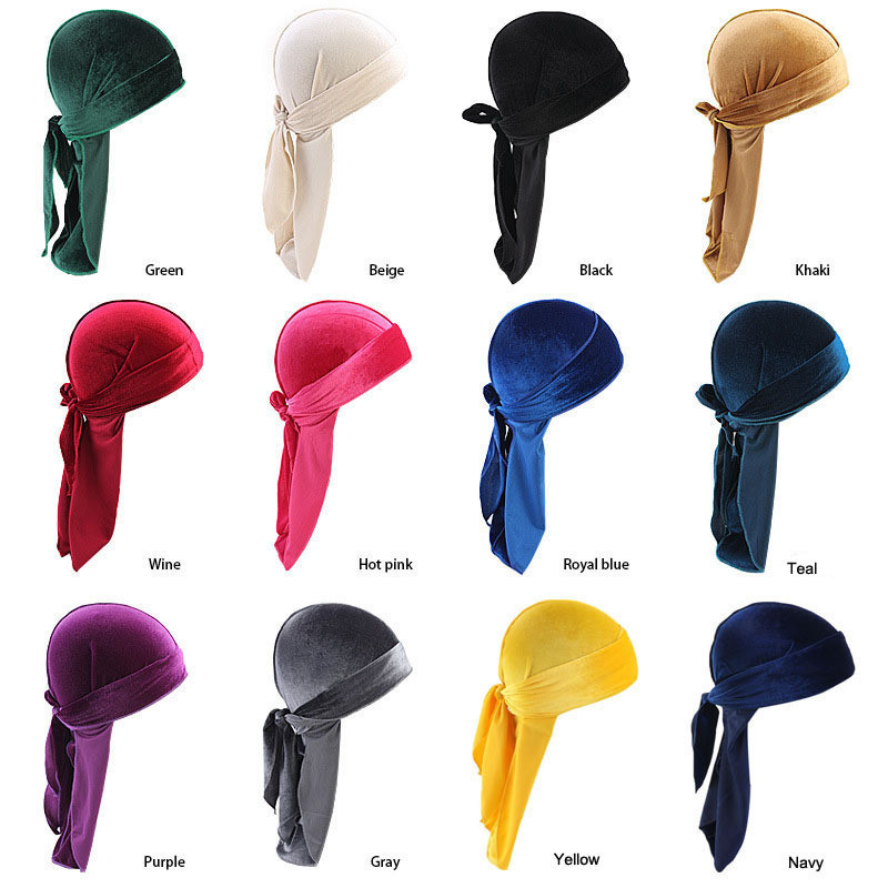 Unisex Velvet Durag Long Tail And Wide Straps Waves For Men Solid Wide Doo Rag Bonnet Cap