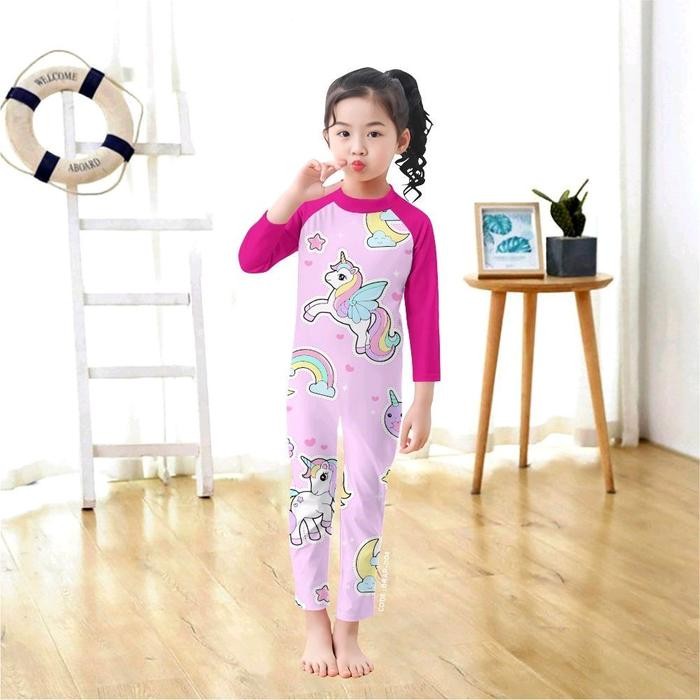 baju renang anak perempuan longsleeve motif kuda poni pink fanta lengan panjang - bayi anak-anak