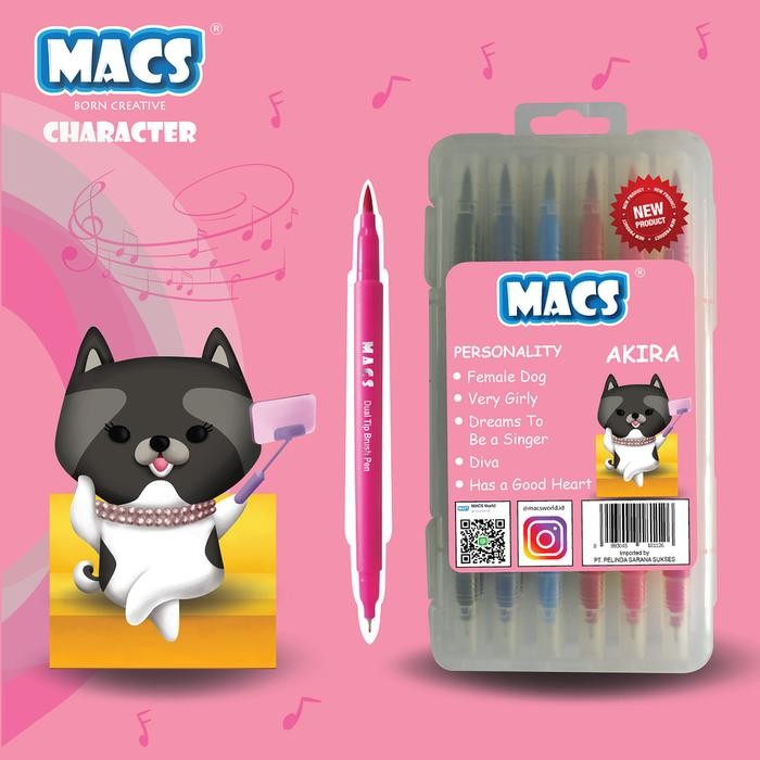 

spidol macs dual tip brush pen marker color 12 warna kode 434