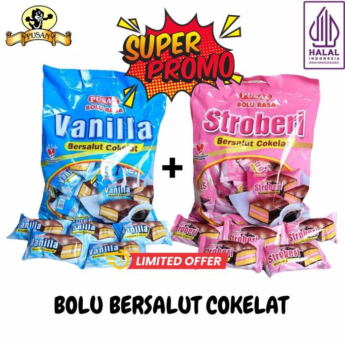 

New [PAKET KEMBAR] BOLU BERSALUT COKELAT RASA VANILLA & STROBERI 640gr Cemilan Food