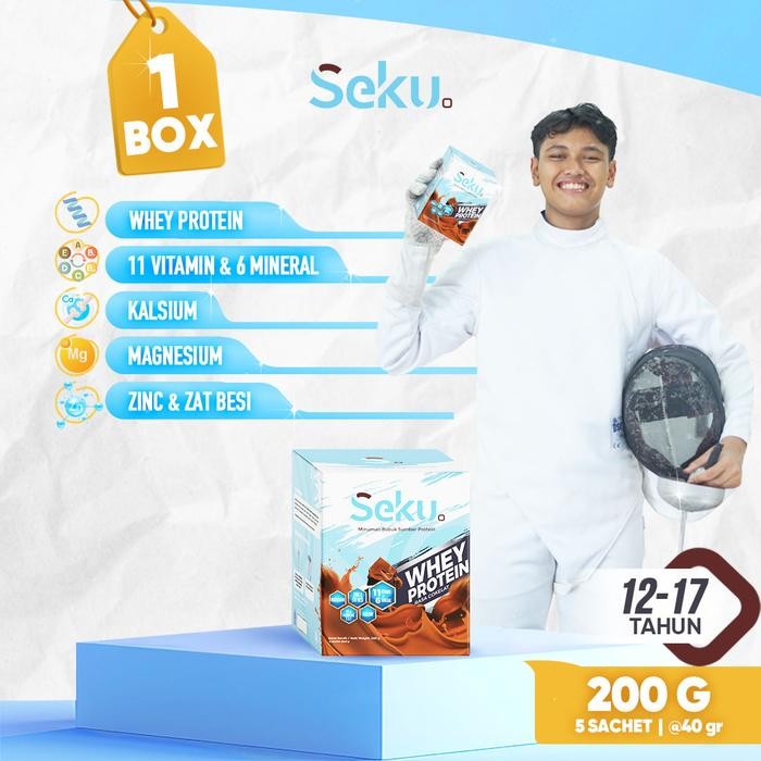 

PREMIUM 1 Box Seku Susu Bubuk Whey Protein Remaja 12-17 Tahun Rasa Cokelat (Isi 5 Sachet @40gr)
