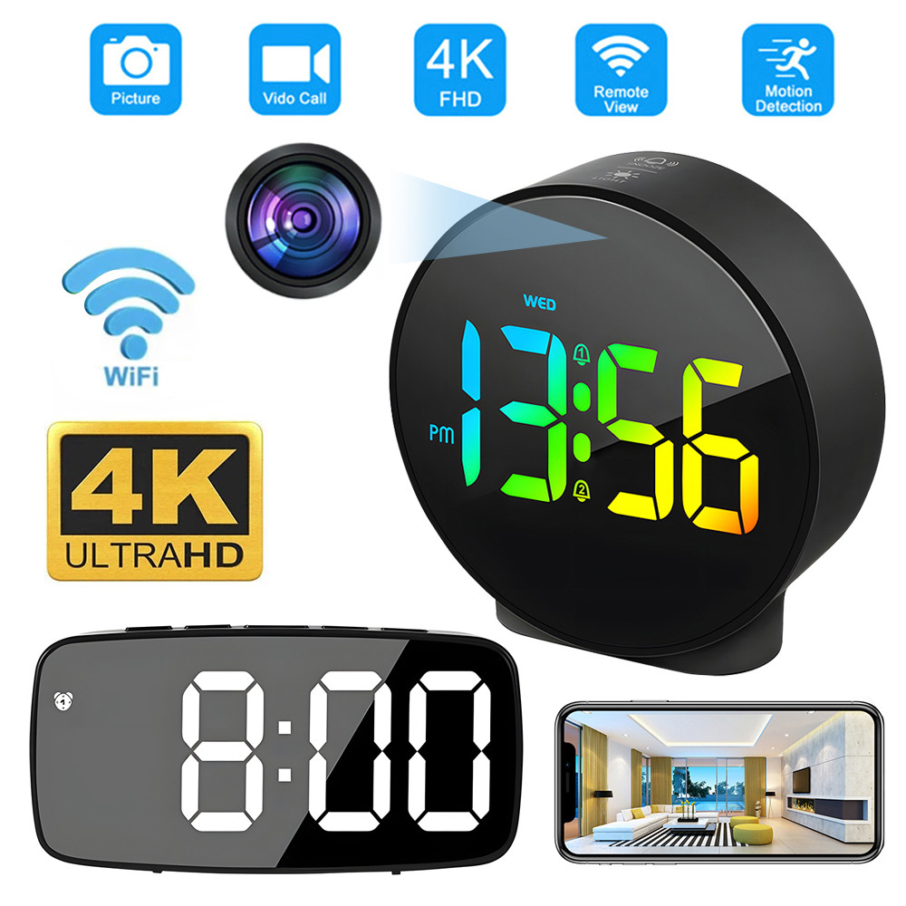 4K/1080P Hd Wifi Clock Wireless Camera Digital Clock Mini Camera Motion Detection, Alarm Clock,