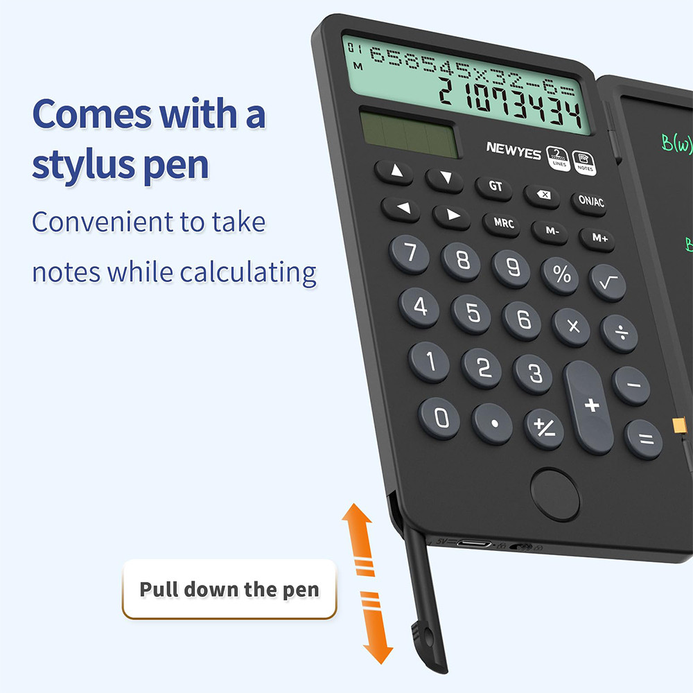 

Portable Calculator with Notepad 2-Line 12-Digits Large Display Rechargeable Solar Power Desk