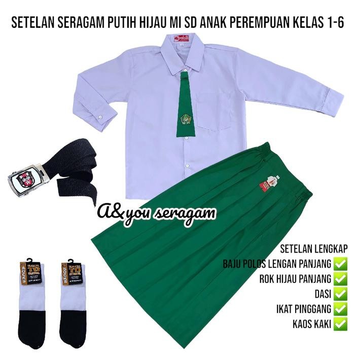 setelan seragam sekolah putih hijau MI SD anak perempuan baju lengan panjang rok hijau panjang kelas