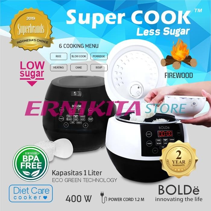 pat BOLDe SUPER COOK LESS SUGAR 1 L 3 in 1 Rice Cooker 3D Warming System Diet Low Carbo Kadar Gula