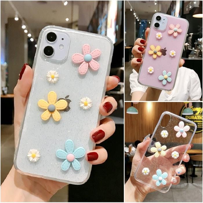Case OPPO A52 A92 A72 3D Daisy Flower Transparant Glitter TPU Clear