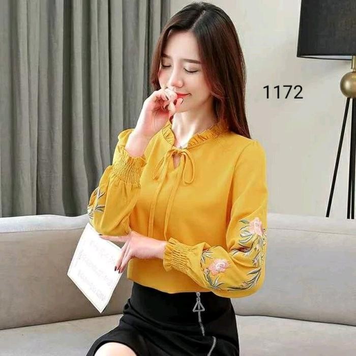 (Allthebest) 1172 Baju Atasan Cantik Blouse Korea Style Bordir Bunga Motif Panjang Variasi Wanita