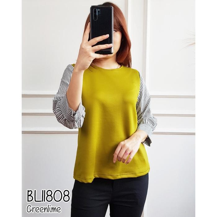 (Allthebest) MISSOL Blus Scuba BL11808 Kombinasi Salur Atasan Wanita Casual Polos