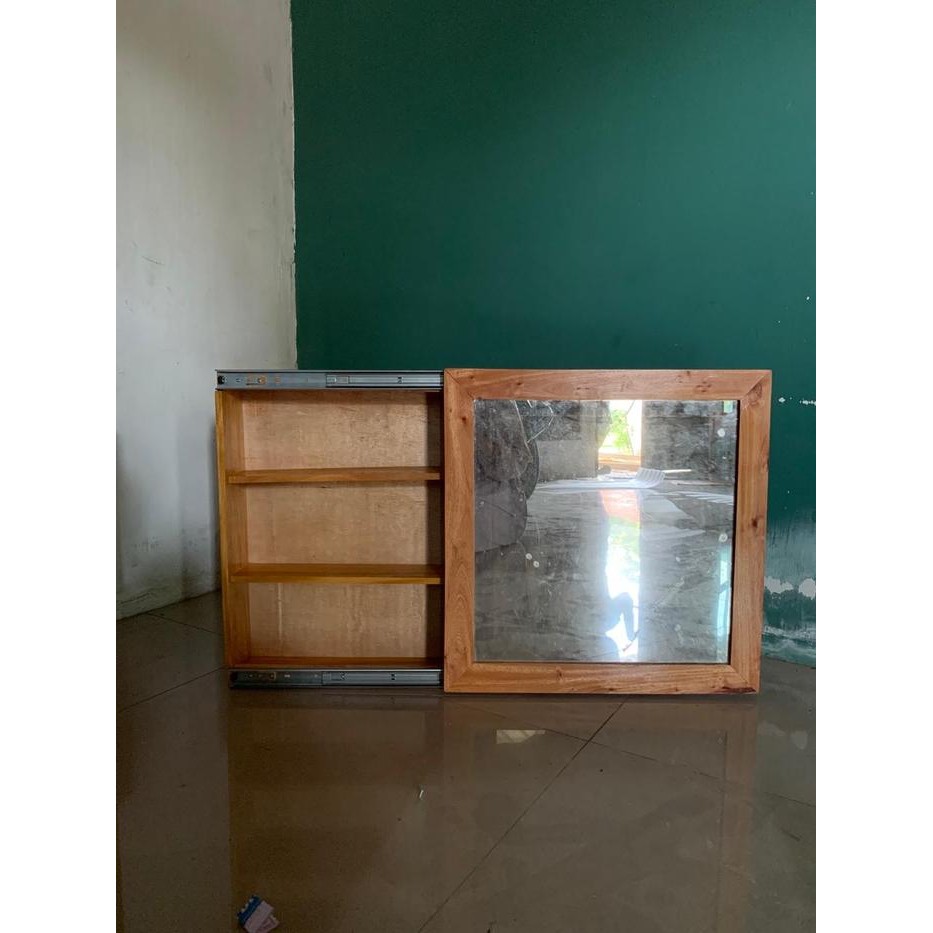 (Allthebest) Lemari Kaca Cermin Rias Dinding Rak Kosmetik Cermin Geser Lemari Makeup Kotak Obat