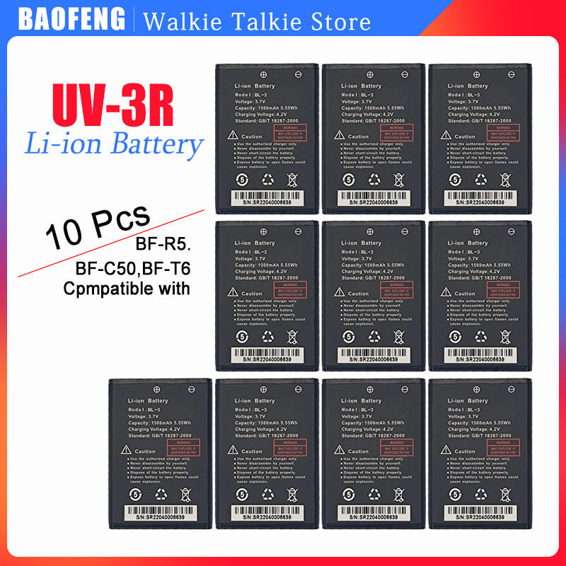 10 Pcs Bl-3 Baofeng Walkie Talkie Uv-3R Bf-T6 Bf-C50 Bf-R5 Li-Ion Battery 1500Mah Uv3R Bft6 C50 R5