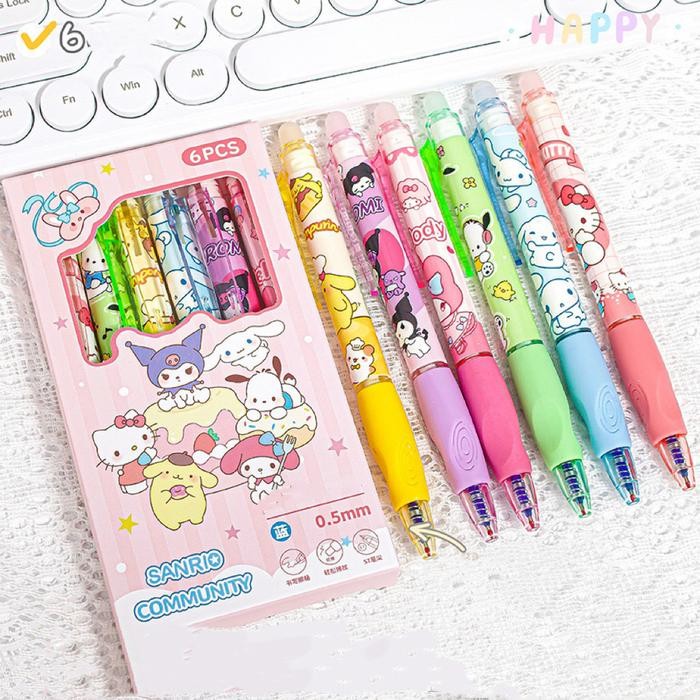 

6 Pcs Pulpen Lucu Bisa Di Hapus Pen Erasable Kartun Gel Pena Cinnamoroll / Pena 1 Set Hitam Tinta