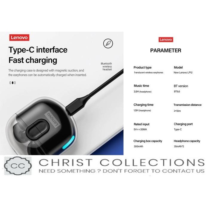 (Expert) LENOVO TRUE WIRELESS BLUETOOTH EARPHONE MINI EARBUDS TWS LP12 WITH ENC