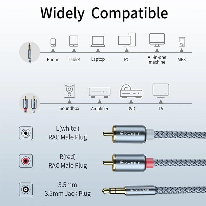 Kabel Rca Ke Jack Aux 3.5Mm - Kabel Audio Hifi 3.5Mm To Rca 2 Meter - Essager Av117