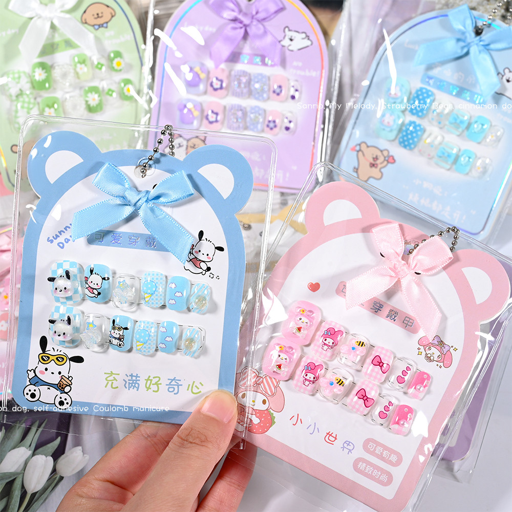 12Pcs/Pack Miniso Pochacco/Melody False Nails For Kids Cute Girl Fake Nails Tips Kawaii Acrylic