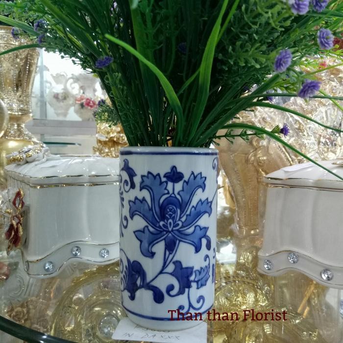 BEST SELLER VAS KERAMIK SERBAGUNA IMPOR MOTIF BUNGA BIRU PUTIH