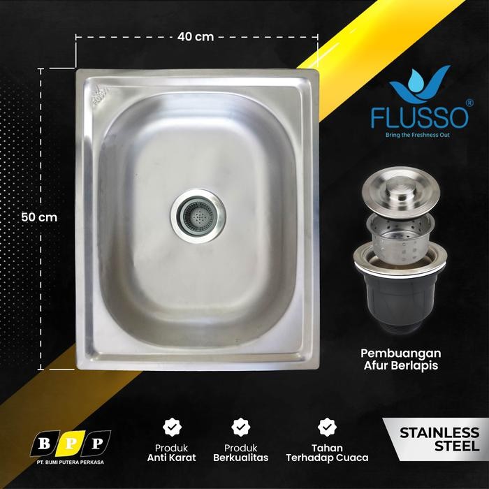 Sink Cuci Piring Stainless Set Kitchen Sink Bowl 1 Lubang Ukuran 50 x 40 FLUSSO Bak Cuci Piring 762