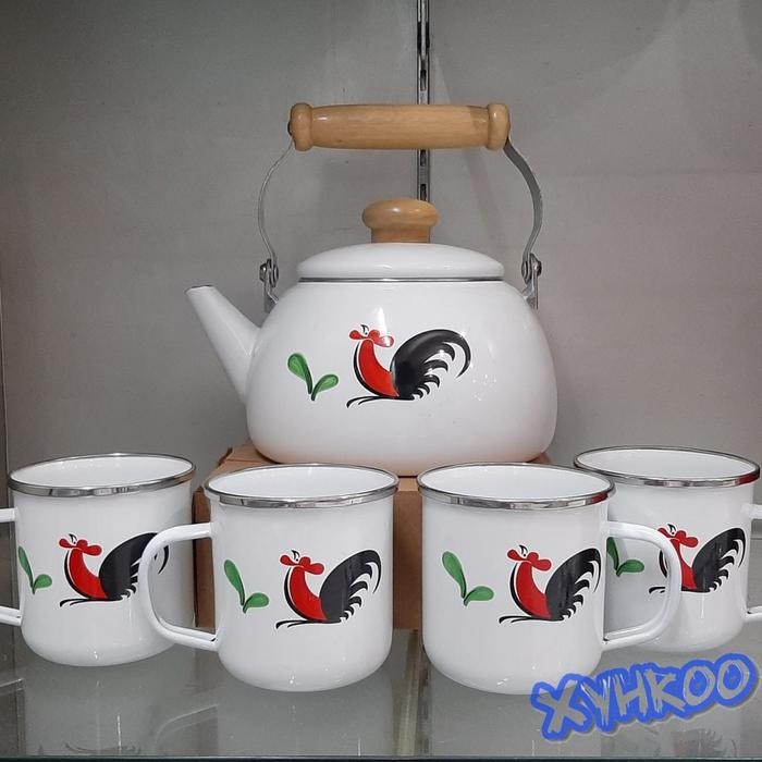 Teko Set Ayam Jago + Cangkir Mug Enamel