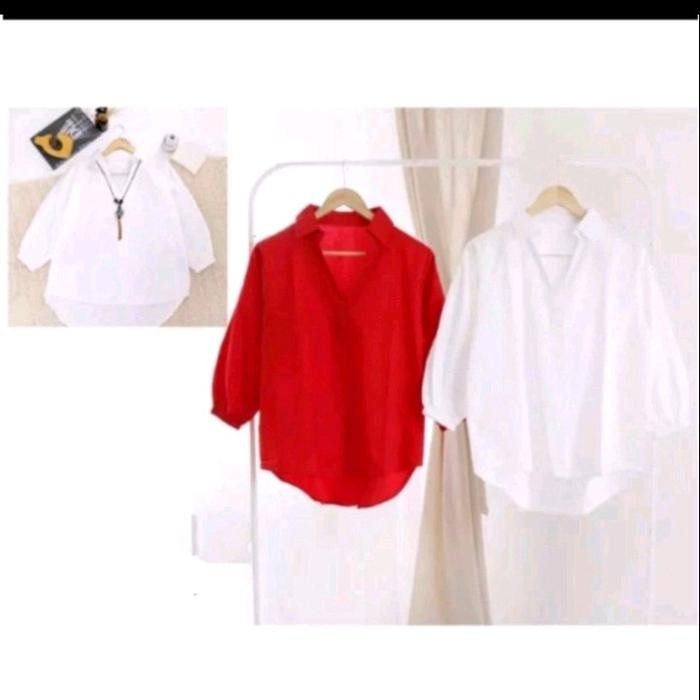 Kemeja Blouse Wanita Merah Putih Kemeja Lengan Balon Terbatas