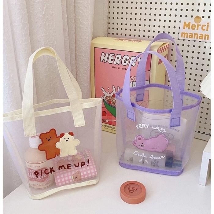  Tas Tote Bag Korea Bear Transparan Tas Jinjing Wanita/ Tas Tenteng Transparan Motif Lucu/ Shoulder