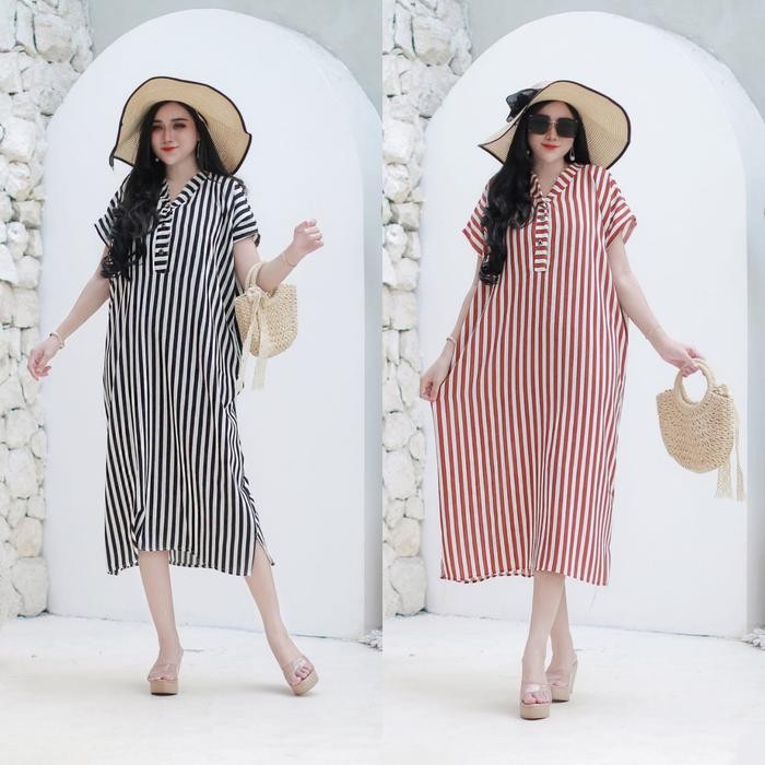 Daster Diora Motif Salur Garis Dress Busui Bumil Frendly Kancing Kain Rayon Crinkle Nyaman Size