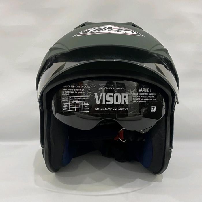 Helm Motor Jp 7 Polos Hijau Army Doff Dewasa Sudah Sni (Double Visor)