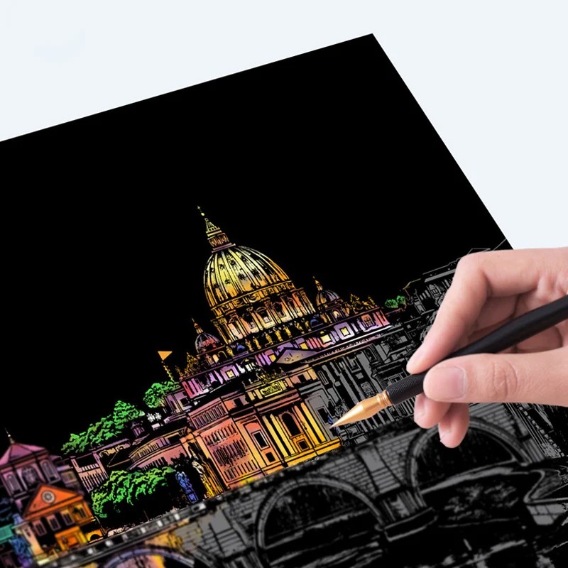 

4 Pcs Magic Scratch Paper, City Night Scene Clip Art, Hot Air Balloon, Eiffel Tower, Adult Stress