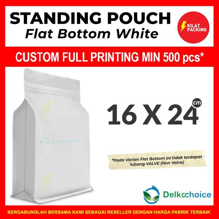 STANDING POUCH VARIAN KEMASAN FLAT BOTTOM WHITE NON VALVE MURAH 16x24 Kode 1095