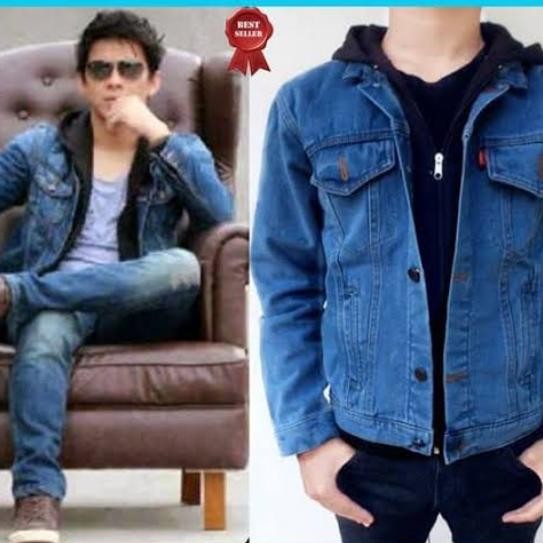 Jaket Jeans Denim Casual Pria Hoodie Ariel kombinasi Hitam - Biowash