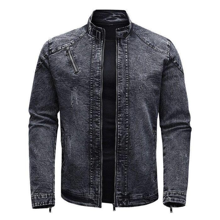 Jaket jeans jaket denim pria krah tinggi resleting biker hitam atasan pria distro keren kasual