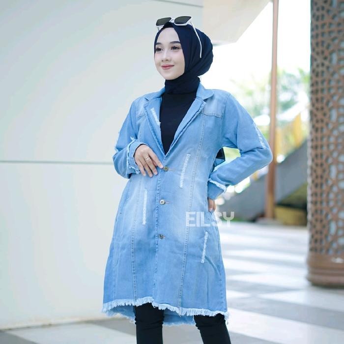 blazer jeans/tunik hijab jeans/mididres jeans/jaket jeans cewek/jaket terbaru/jaket termurah/jaket