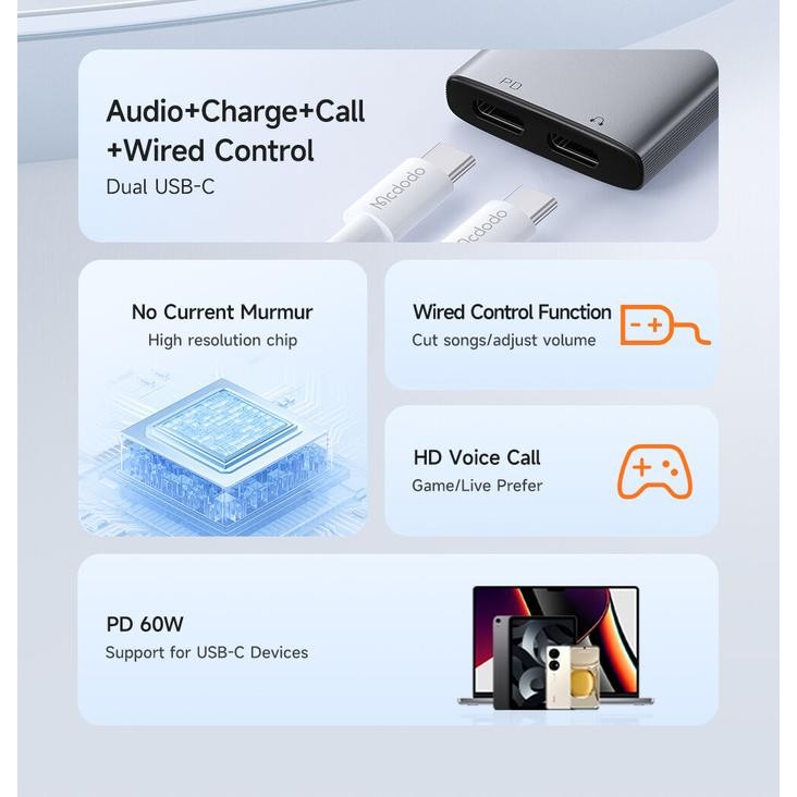 MCDODO Converter Splitter Type C To Audio Call + Type C Fast Charging