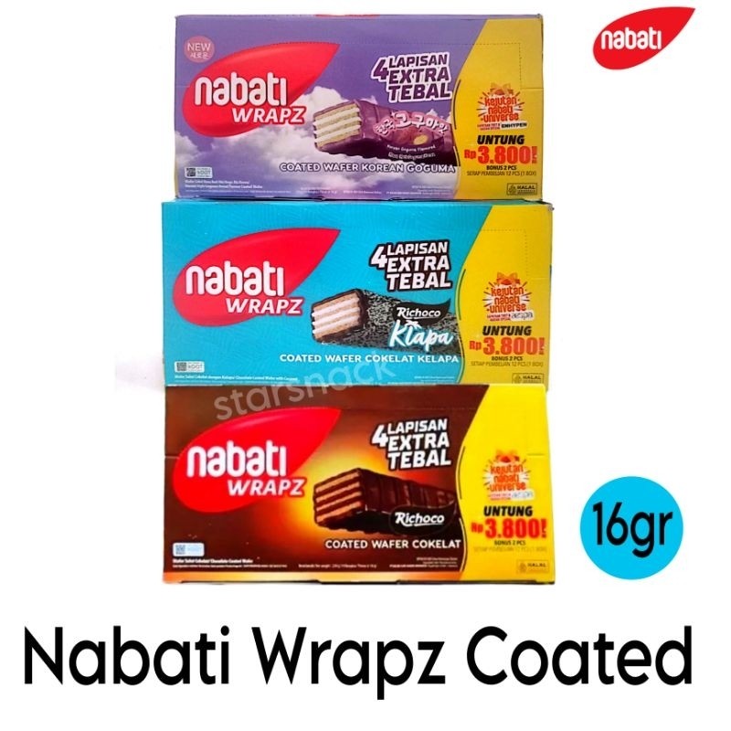 

wafer NABATI WRAPZ coated wafer 4 lapisan extra tebal coklat.kelapa.korean goguma kotak 12pcs 16gr wafer nikmat