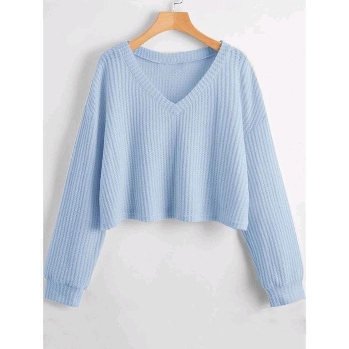 (Allthebest) Sweater Crop Top waffle kerah V new arrifal Baju Nyaman Atasan Wanita setengah dada