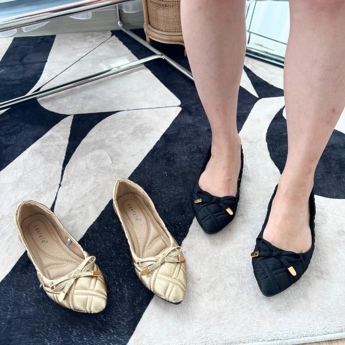 Laviola 4784 LSH - Sepatu Flat Wanita Apricot Black Shoes Kerja