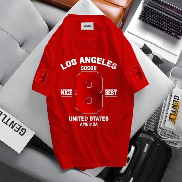 (Allthebest) Kaos Pria Wanita Desain Angka 8 LOS ANGELES SOSOU Lengan Pendek Warna Putih Unisex Baju